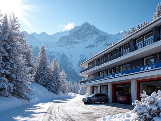 Vue extérieure moderne et propre du garage Aiguille Auto à Chamonix, avec le Mont-Blanc en arrière-plan.