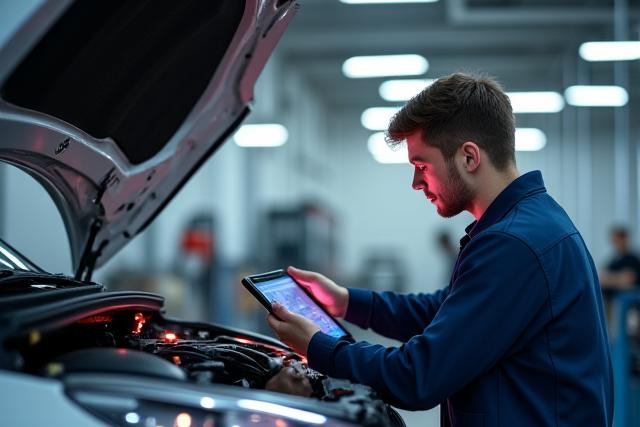 Mécanicien travaillant sur un moteur avec équipement de diagnostic moderne